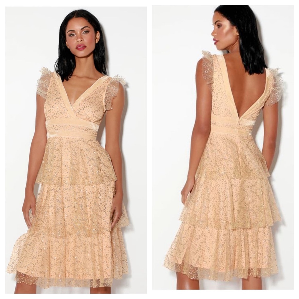 NWT Stunning LULUS Love Nude And Gold Glitter Tiered Midi Dress Sz: S